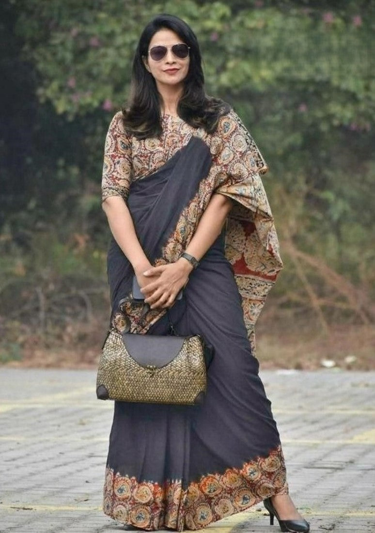 Generic Women's Linen Cotton Kalamkari Printed Saree With Unstitched Blouse - 5.5 Mtr (Multicolor)