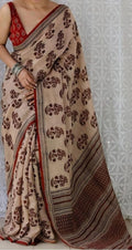 Generic Women's Linen Cotton Printed Saree With Unstitched Blouse - 5.5 Mtr (Cream-Maroon)