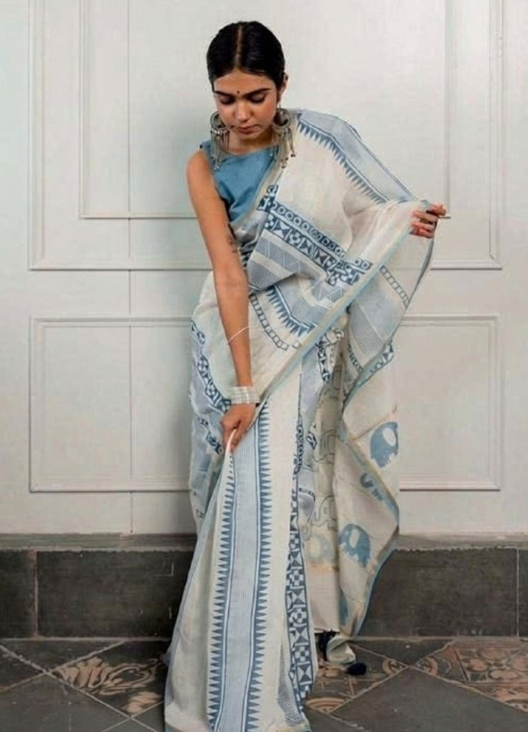 Generic Women's Linen Cotton Printed Saree With Unstitched Blouse - 5.5 Mtr (White-Blue)