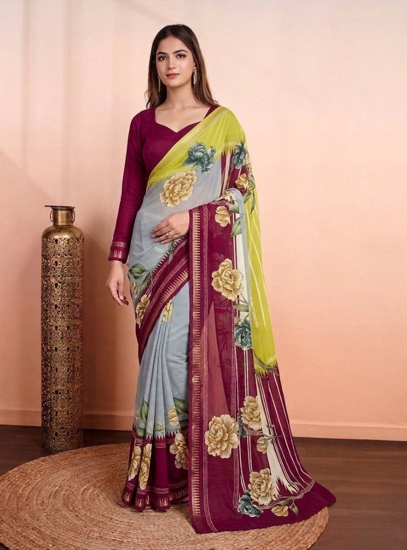 Generic Women's Marshmallow Cotton Floral Printed Saree With Unstitched Blouse - 5.5 Mtr (Multicolor)