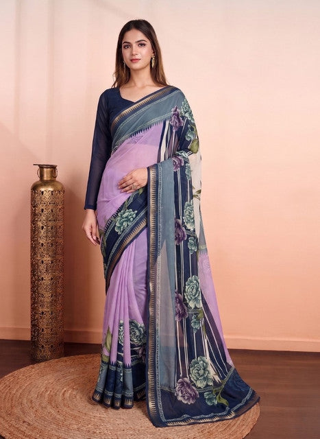 Generic Women's Marshmallow Cotton Floral Printed Saree With Unstitched Blouse - 5.5 Mtr (Multicolor)