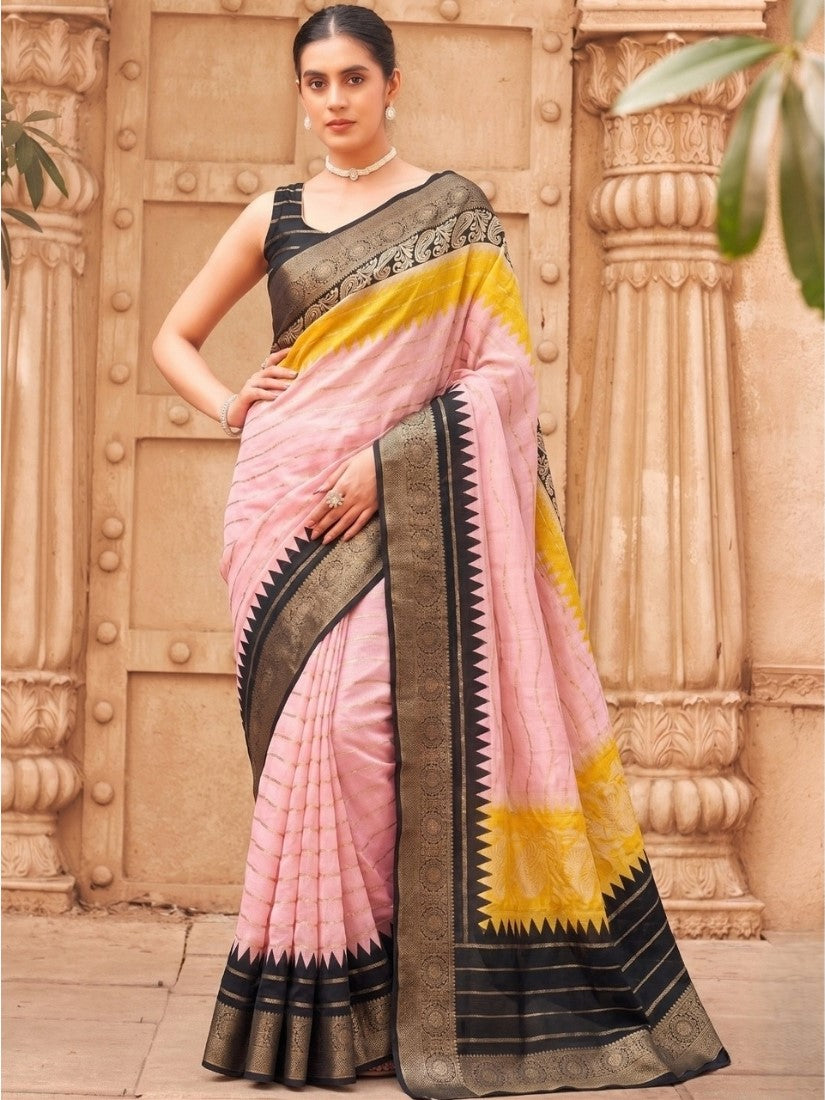 Generic Women's Marshmallow Cotton Striped Saree With Unstitched Blouse - 5.5 Mtr (Multicolor)