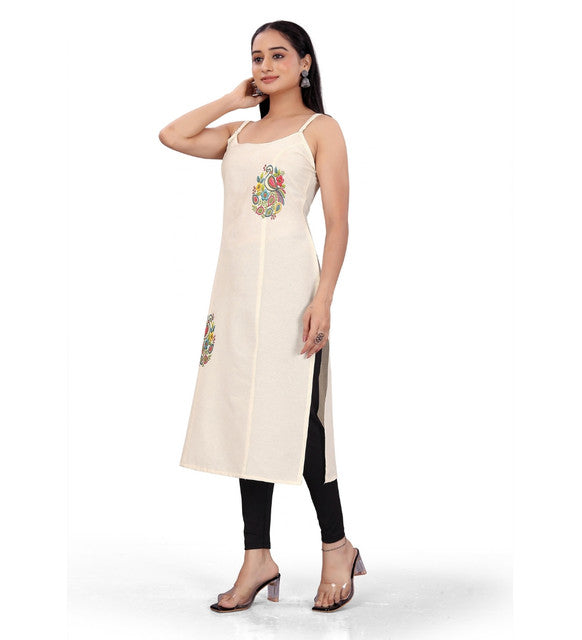 Generic Women's Khadi Cotton Floral-Paisley Printed Scoop Neck Sleeveless Kurti (Off White)