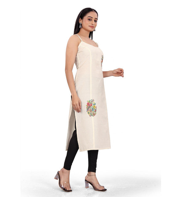 Generic Women's Khadi Cotton Floral-Paisley Printed Scoop Neck Sleeveless Kurti (Off White)