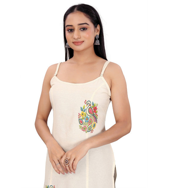 Generic Women's Khadi Cotton Floral-Paisley Printed Scoop Neck Sleeveless Kurti (Off White)