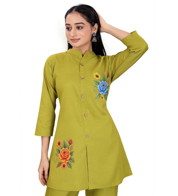 Generic Women's Polycotton Floral Printed Mandarin Collar 3/4 Sleeve Kurti With Pant Co-ord Set (Olive Green)