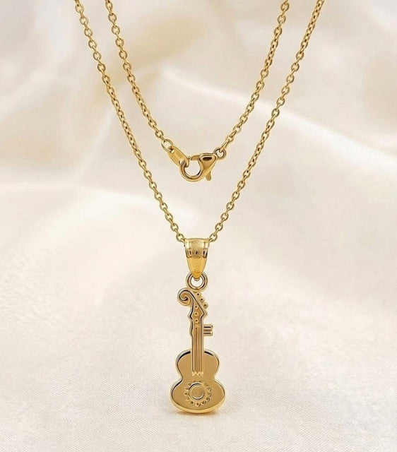 Generic Women's Pack of 2 Brass Gold Plated Guitar & Key Pendant Necklace (Gold)-PID68266