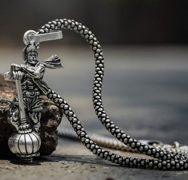 Generic Men's Brass Silver Plated Lord Hanuman Gada Necklace (Silver)-PID68283