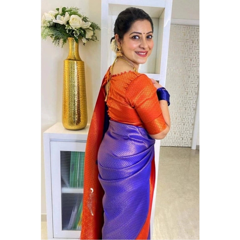 Generic Women's Soft Lichi Silk Printed Saree With Unstitched Blouse 5.5Mtr (Blue)